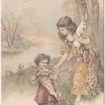 Ostern - Fröhliche Ostern farb. Prägekarte Hase Kinder gelaufen München 1905