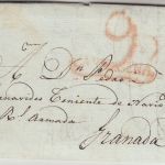 Spanien - Cartagena roter L1 und Gebührenstpl. Vorphilabrief n. Granada ca. 1825
