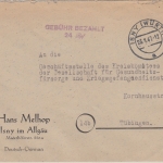 FZ/Württ. - Isny 23.1.47 Gebühr bezahlt 24 Rpf. L2 Brief n. Tübingen