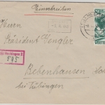 FZ/Württ. - 84 Pfg. 1. Ausg. Einschreibebrief Hechingen - Bebenhausen 1948