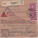 All.Bes./Kontrollrat - 3x40+30 Pfg. Ziffer Nachnahme-Paketkarte Mannheim 1946