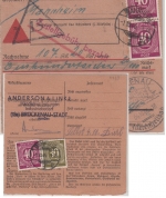 All.Bes./Kontrollrat - 3x40+30 Pfg. Ziffer Nachnahme-Paketkarte Mannheim 1946