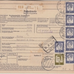 BRD - 6x1 M.+5 Pfg. Bed. Deutsche Paketkarte n. BELGIEN Roth b. Nürnberg 1963