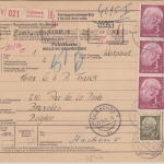 BRD -3x3 M.+50 Pfg. Heuss Wertpaketkarte n. BELGIEN Calmbach - Brüssel 1961