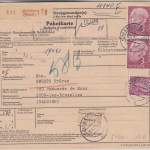 BRD - 2x3 M.+5 Pfg. Heuss Paketkarte n. BELGIEN Arnsberg - Zuun les Brüssel 1961