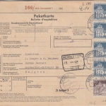 BRD - 4x1 M.+10 Pfg. Bauwerke Paketkarte n. BELGIEN Sennestadt - Herbesthal 1965