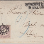 Bayern - 12 Kr Wappen/geschn. Brief i.d. SCHWEIZ oMR 325 L2 München Bahnh. 1868