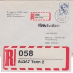 BRD - 84367 Tann 2 Selbstklebe-R-Zettel Einschreibebrief n. Hamburg 1994