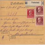 Bayern - 2x50+10 Pfg. Ludwig Paketkarte Prackenbach - Kaiserslautern 1915