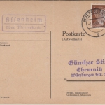 DR - Assenheim ü. Mutterstadt Landpost-Ra2 Drucksachenkarte n. Chemnitz 1943