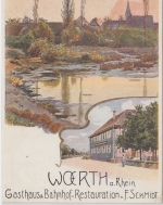 Rheinl.-Pfalz - Woerth a/Rh. Gasthaus Bahnhofsrestauration farb Künstler-AK 1928