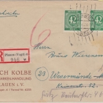 All.Bes./Kontrollrat - 2x42 Pfg Ziffer Einschreibebrief Plauen 4 Wesermünde 1946