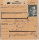 DR - Alburg ü. Straubing Poststelle I Paketkarte n. Nauheim 1944