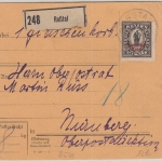 DR-Infla - 2 1/2 M. By-Abschied/DR Paketkarte Roßtal - Nürnberg 1921