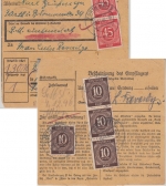 All.Bes./Kontrollrat - 2x45+4x10 Pfg. Ziffer Wertpaketkarte Fürth Eilsbrunn 1946