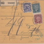 DR - 80+60 Pfg. Stephan u.a. Paketkarte Schwabach - Hamburg 1924