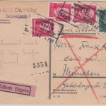 DR - 3x15+8 Pfg. Ebert/Hindenburg Eilkarte Bahnpost München Nürnberg Zug 1929