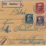Bayern - 3 M. Ludwig/Volksstaat u.a. Paketkarte Regensburg - Fürth 18. MAI 20