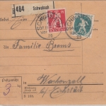 Bayern - 60+15 Pfg. Abschied Paketkarte Schwabach - Wachenzell 6. APR 20