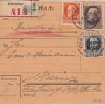 Bayern - 1 M. Ludwig u.a. Einschreibe-Paketkarte Demmelsdorf - Mainz 1920