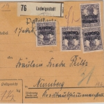 Bayern - 6x15+20 Pfg. Germania/Freistaat Paketkarte Ludwigsstadt - Nürnberg 1920