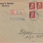 Bayern - 3x10 Pfg. Luitpold Einschreibebrief/Postauftrag Würzburg - Freyung 1912