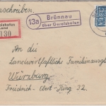 BRD - 13a Brünnau ü. Gerolzhofen Landpost-Ra2 Einschreibebrief n. Würzburg 1955
