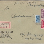 BRD - Bergrheinfeld ü. Schweinfurt Poststelle I Einschreibebrief n Kronach 1954