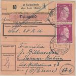 DR - Rothenbuch ü. Lohr Poststelle I Dringend-Wertpaketkarte n. Kolmar 1944