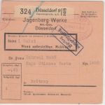 DR - Düsseldorf 9 1942 Gebühr bezahlt Paketkarte Selbstbucher Jagenberg-Werke