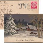 DR - 12 Pfg Hindenburg Weihnachtskarte n. USA Kalmbach 1934 Nachporto