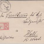 Bayern - 3x10 Pfg./3er-Streifen Wappen Einschreibebrief Leutershausen Hall 1893