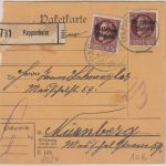 Bayern - 2x75 Pfg. Ludwig/Volksstaat Paketkarte Pappenheim - Nürnberg 1920