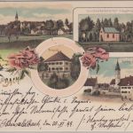 Bayern - Oberwaldbach Schule Kirche tec. Mehrbild-Farblitho gelaufen 1899