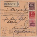Bayern - 50 Pfg. Ludwig/Freistaat u.a. Paketkarte Oettingen - Nürnberg 1920