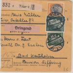 DR - 100 Pfg. Hindenburg u.a. Dringend-Paketkarte Trier - Bad Nauheim 1942