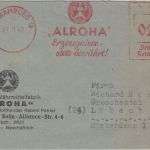 All.Bes. - ALROHA (Back- u. Nährmittel) apt. 24 Pfg. AFS Brief Hamburg 1947