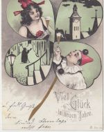 Glückwunsch - Neujahr Kleeblatt Kostüm Harlekin farb. Grusskarte Pöttmes 1903