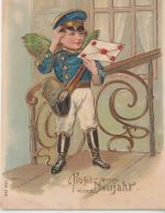 Glückwunsch - Neujahr geflügelter Postbote farb. Prägekarte Mühldorf 1907