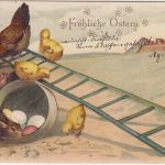 Glückwunsch - Ostern Hase Küken Henne Eier farb. Prägekarte Amberg 1905