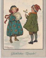 Glückwunsch - Neujahr Kinderpaar im Schnee farb. Künstlerkarte E, Parkinson 1907