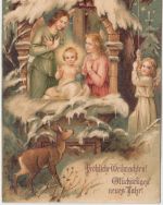 Glückwunsch - Weihnachten Christkind Engel Reh farb. Prägekarte Sielenbach 1906
