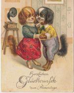 Glückwunsch - Namenstag tanzendes Hundepaar Gramophon farb. AK 1928