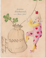 Glückwunsch - Neujahr Clown Geldsack farb. Prägekarte Habach 1904