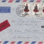 Spanien - 3x8 Pta. Tracht Valladolid Luftpost-Eilbrief Barcelona - München 1971