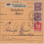 DR - 2x100 Pfg. Korbdeckel u.a. Paketkarte Wangen (Allgäu) - Hamburg 1924