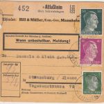 DR - Altlußheim ü. Schwetzingen Poststelle I Paketkarte n. Straßburg 1943
