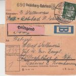 DR - 3x50+5 Pfg. AH Dringend-Paketkarte (Beutelstück) Heidelberg-Rohrbach 1944