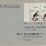 BRD - 2x25 Pfg. Jugend/Greifvöhel Paar/Bogenecke Brief Allensbach Mannheim 1977