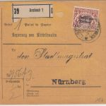 Bayern - 75 Pfg Staatswappen/Volksstaat Paketkarte Ansbach - Nürnberg 1920